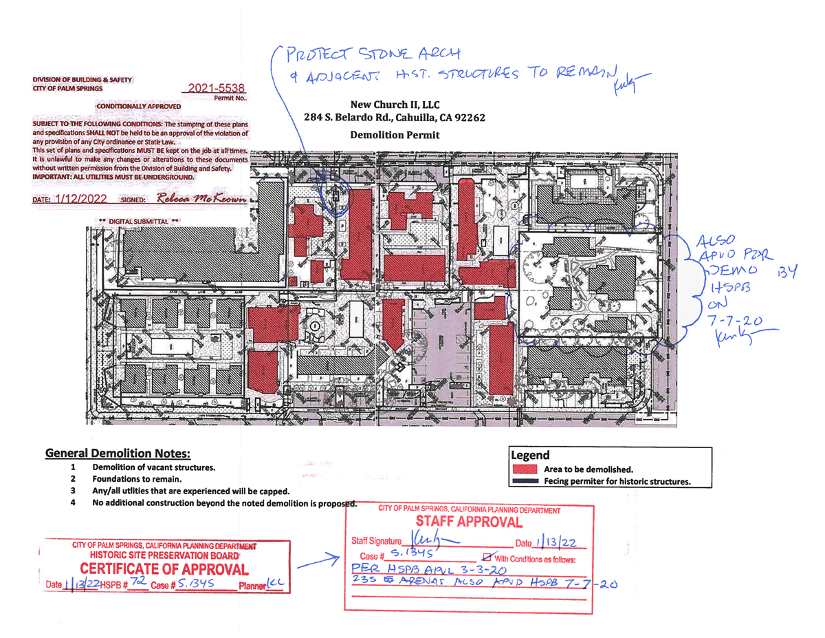 Demolition plan for non-historic structures.  Courtesy City of Palm Springs