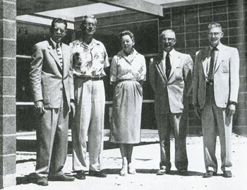 The PSHS 1957 “Chia” yearbook featured this photo of the board of education standing in front of the “newly constructed” administration building. From left to right are President Ray Sorum, Mr. Arnold Rumwell, Mrs. Helen Staley, Mr. Haig Harris, and Mr. Frank Muller. Courtesy Palm Springs Historical Society