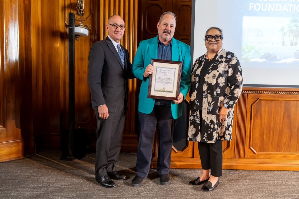 Armando Quintero (State Parks Director), Steven Keylon, and Julianne Polanco (State HPO)